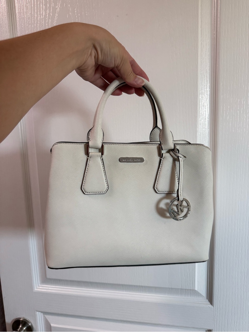 Michael Kors Cream/White Saffiano Leather Satchel with Logo Charm